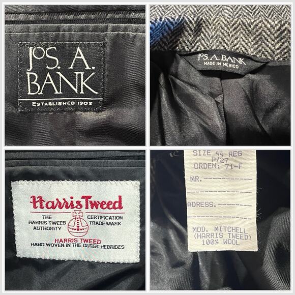 Harris Tweed x Jos A Bank 44R Black White Herringbone Sport Coat Blazer 3/2 Roll - Picture 14 of 14